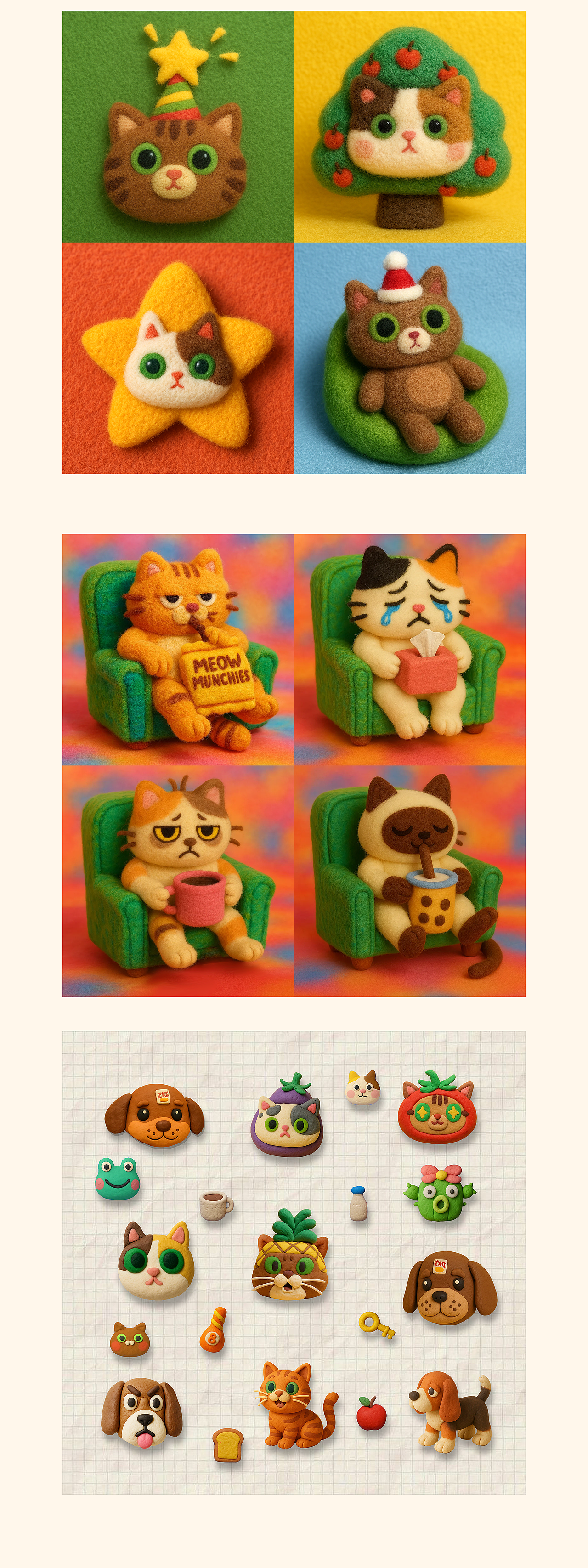 本系列作品以粘土风格为主题,先通过我自己手绘草图打底,再借助AI生成技术做材质塑造与细节完善。作品涵盖了角色设定、表情动作拆分、游戏界面设计、UI元素与物件图标等,尝试打造一个软萌、治愈、富有童趣的小世界。
<br>风格参考了手工粘土的温暖质感,角色包括猫咪勇士、仙人掌怪、Q版少年、面包猫、圣诞猫、星星猫等,适合应用于休闲益智类、儿童向或独立游戏美术方向。<br><br>创作过程中,AI极大丰富了光影、色彩与质感细节,提升了草图的完成度,同时也让我在设计上获得了更多新的灵感。<br>欢迎大家多多交流指导,期待与更多同好一起探索AI与原创绘画结合的更多可能!