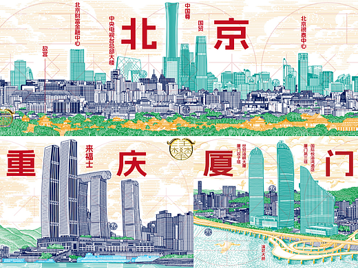 北京/厦门/重庆/城市文创版画/包装插画