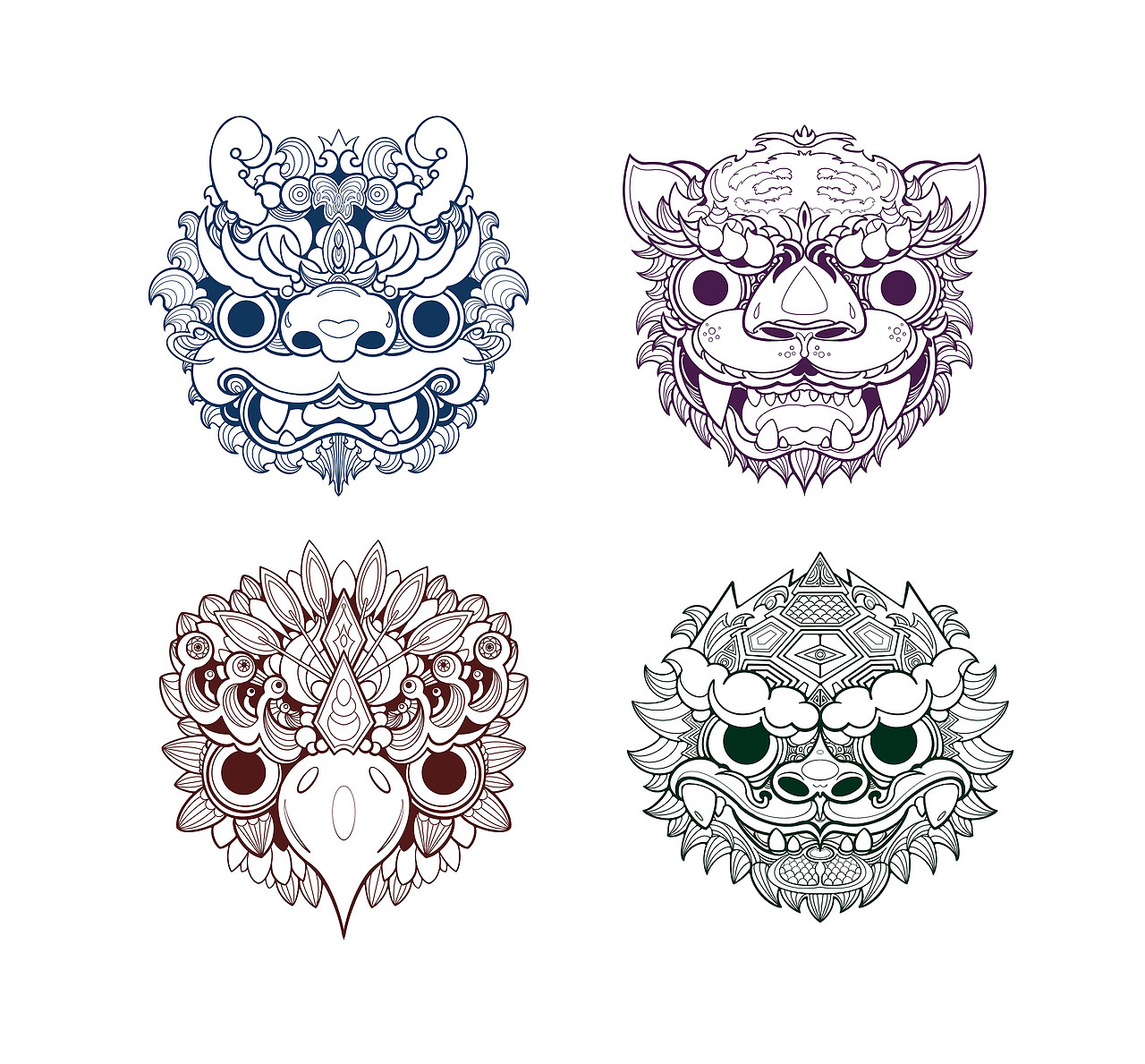 东西南北对应的四象神兽线稿设计