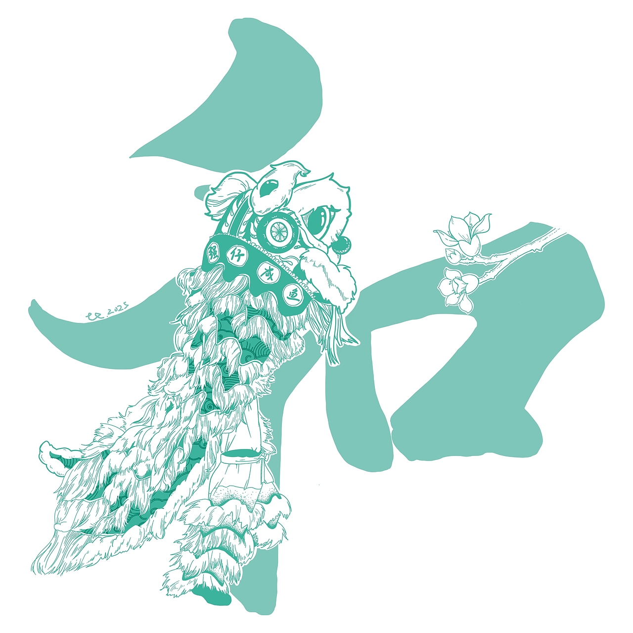 舞狮单色插画