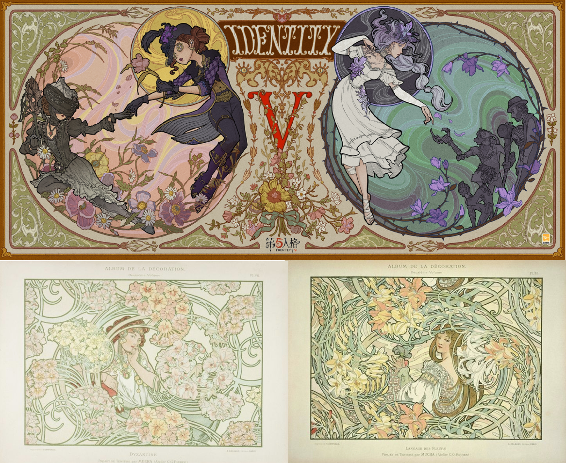 上图 《第五人格》贝尔斯泰因的阴霾主题活动                                                  下图   慕夏《Langage des Fleurs》