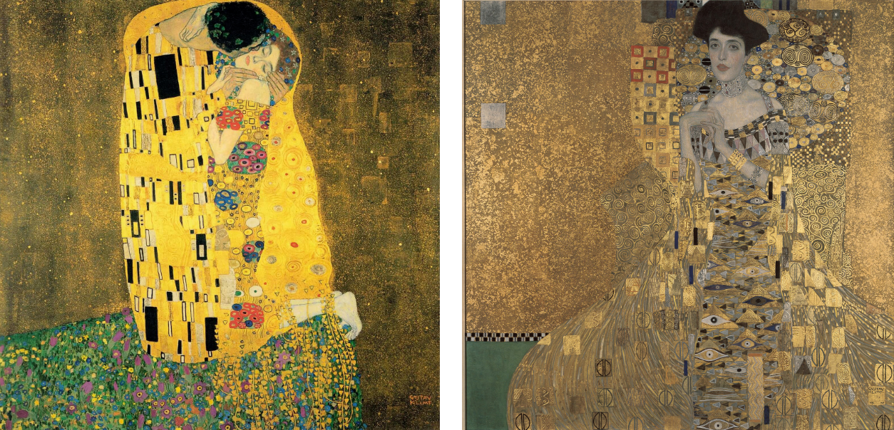 左图 古斯塔夫·克林姆《吻》                                                                右图 古斯塔夫·克林姆《艾蒂儿肖像一号》