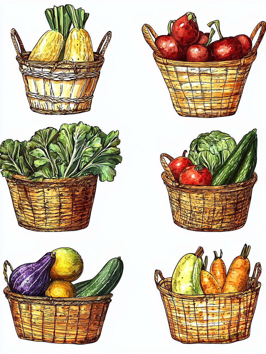 彩色手绘果蔬 | 线描插图 | MJ绘画