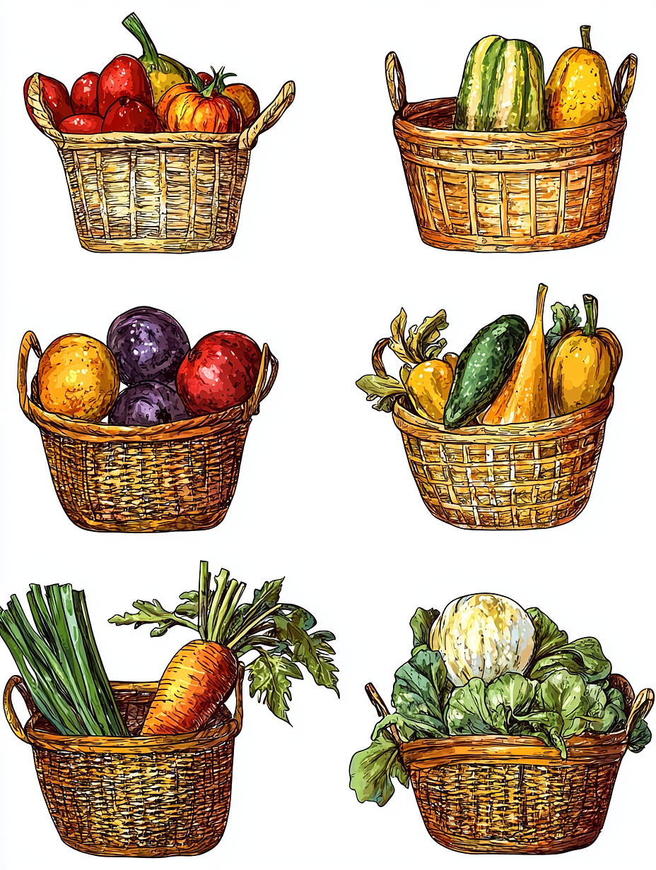 彩色手绘果蔬 | 线描插图 | MJ绘画