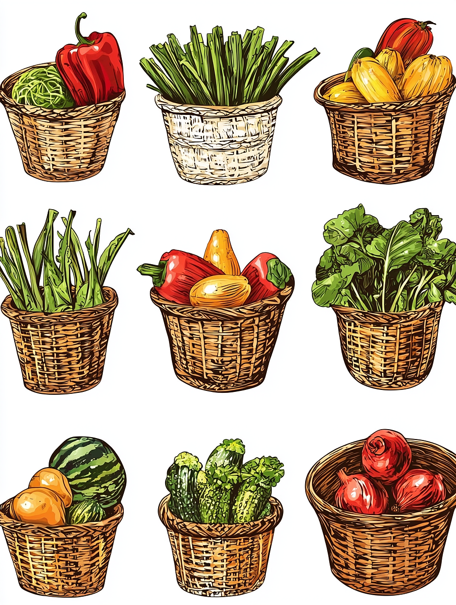 彩色手绘果蔬 | 线描插图 | MJ绘画