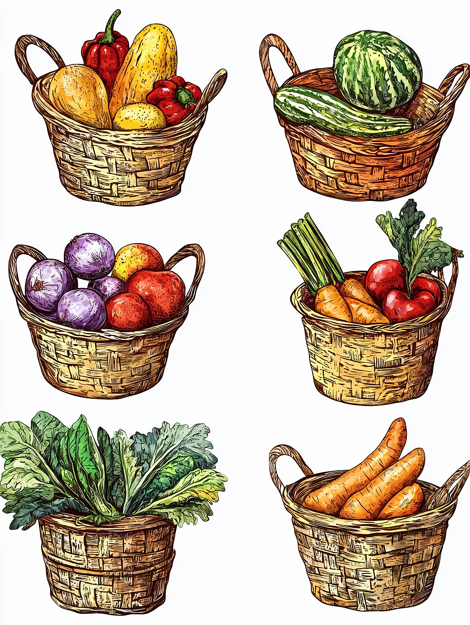 彩色手绘果蔬 | 线描插图 | MJ绘画