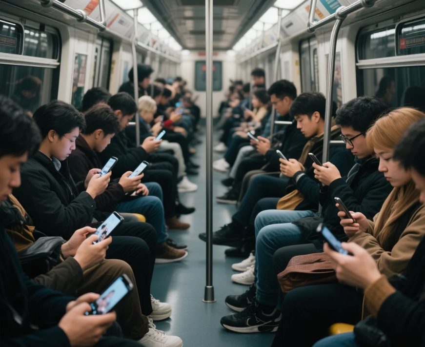 地铁里人人都在刷手机—AI生成