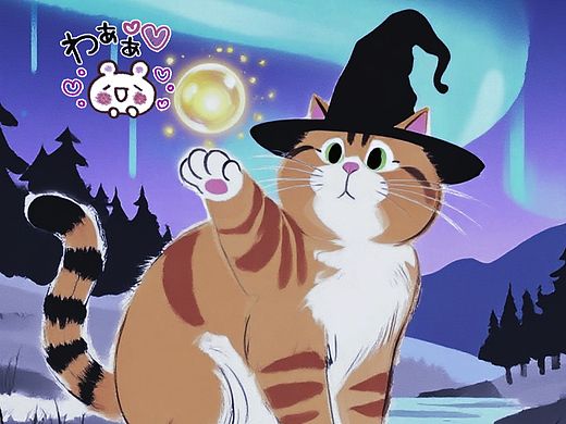 戴巫帽的猫，掌间极光魔法