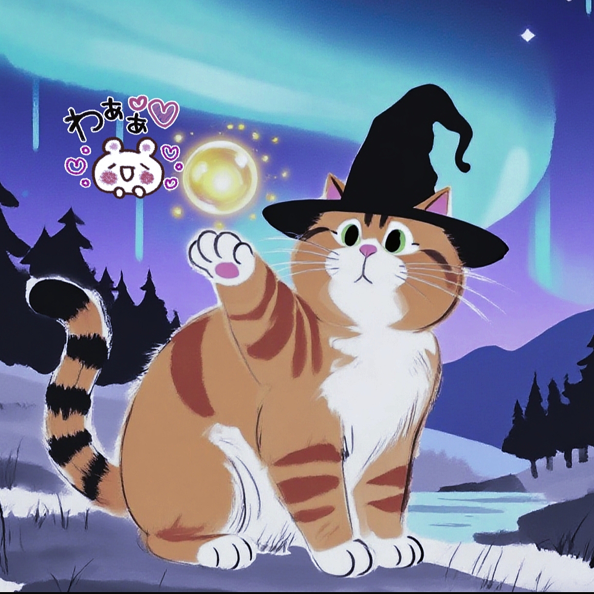 戴巫帽的猫，掌间极光魔法