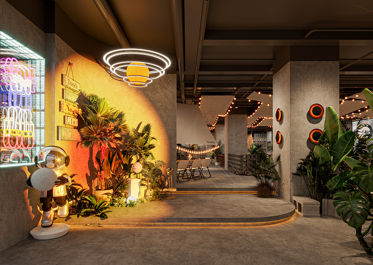 《工业露营风:霓虹绿意中的未来聚会空间》