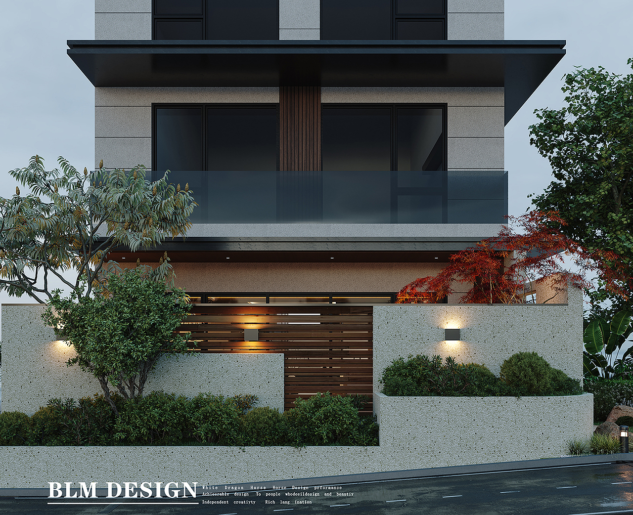 别墅外立面花园—白龙马效果图