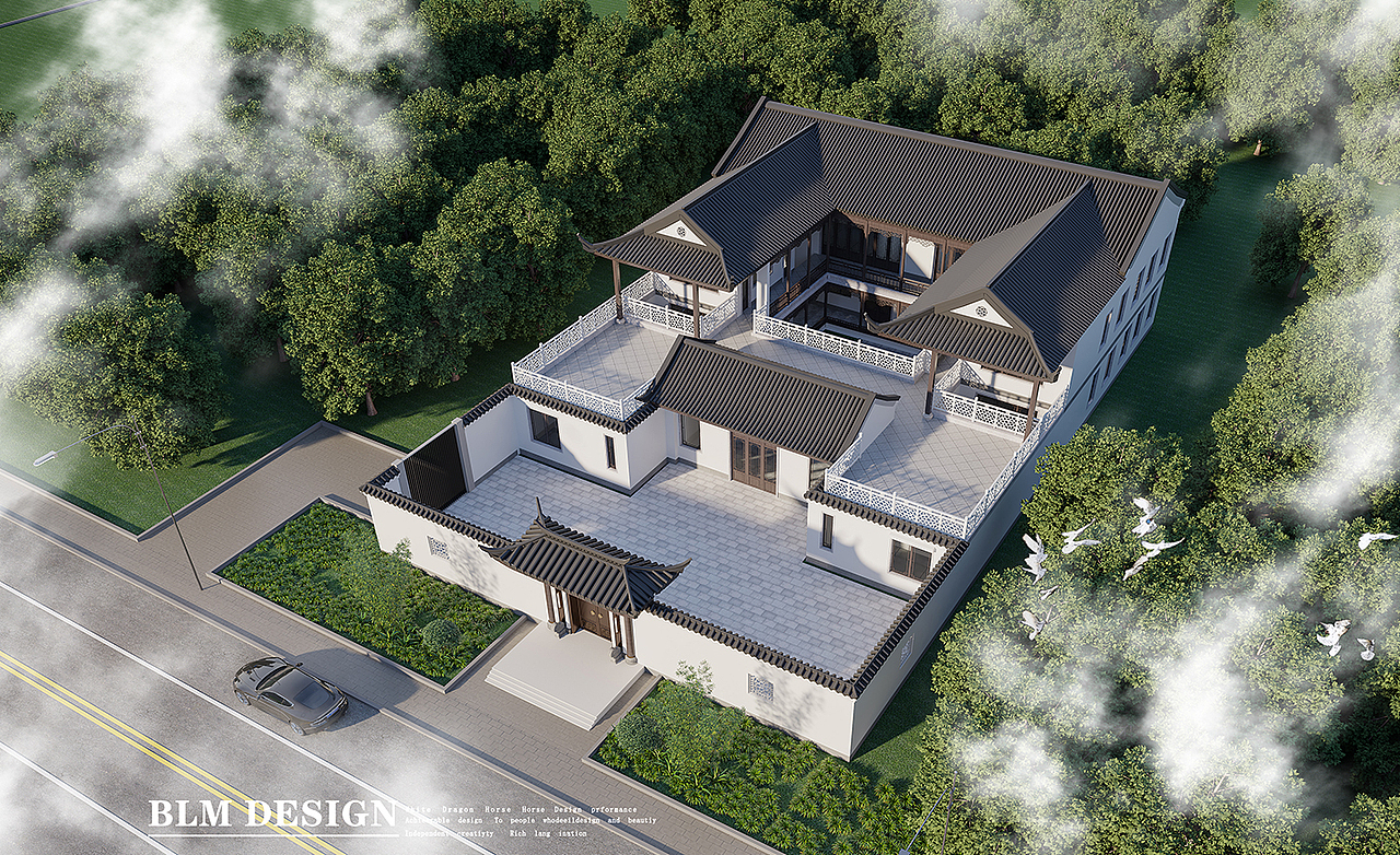 别墅外立面花园—白龙马效果图