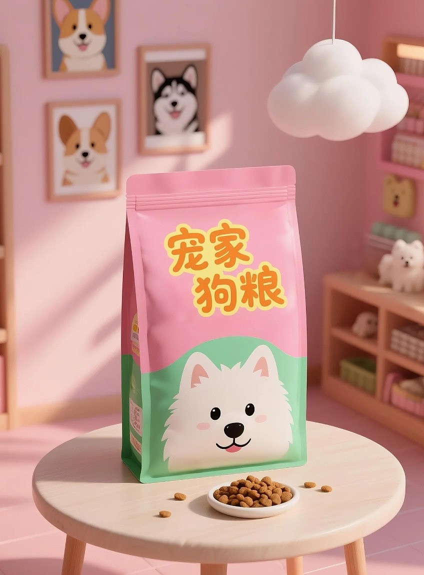 宠家狗粮粉色和绿色配色