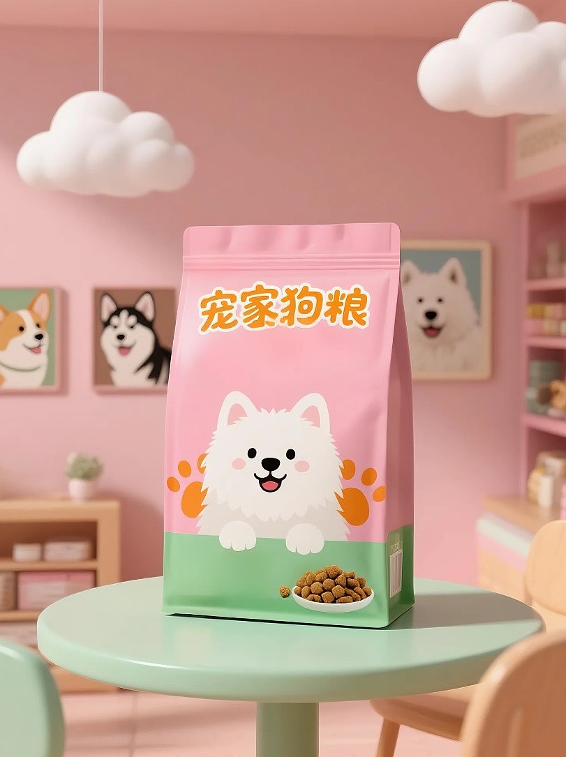 宠家狗粮粉色 和绿色配色
