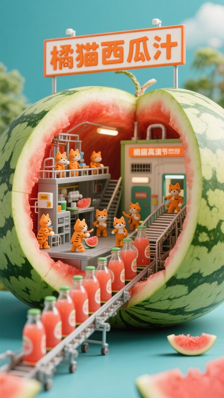 这是一堆小猫在做西瓜饮料。（图ZMzkzMTkxNTMy） - AI作品 - 站酷设计师Z690911573原创素材 - 站酷ZCOOL