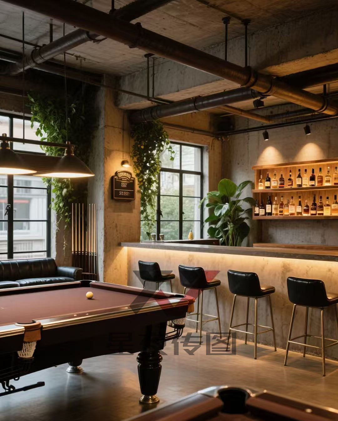 台球厅设计！工业风与绿植浪漫碰撞