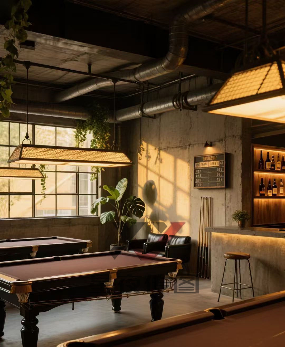 台球厅设计！工业风与绿植浪漫碰撞