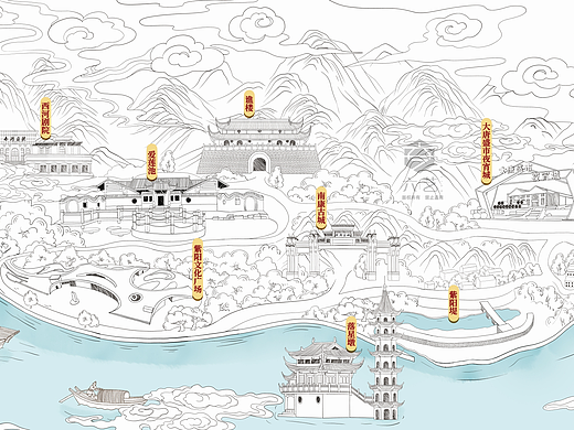 国风插画古建筑线稿