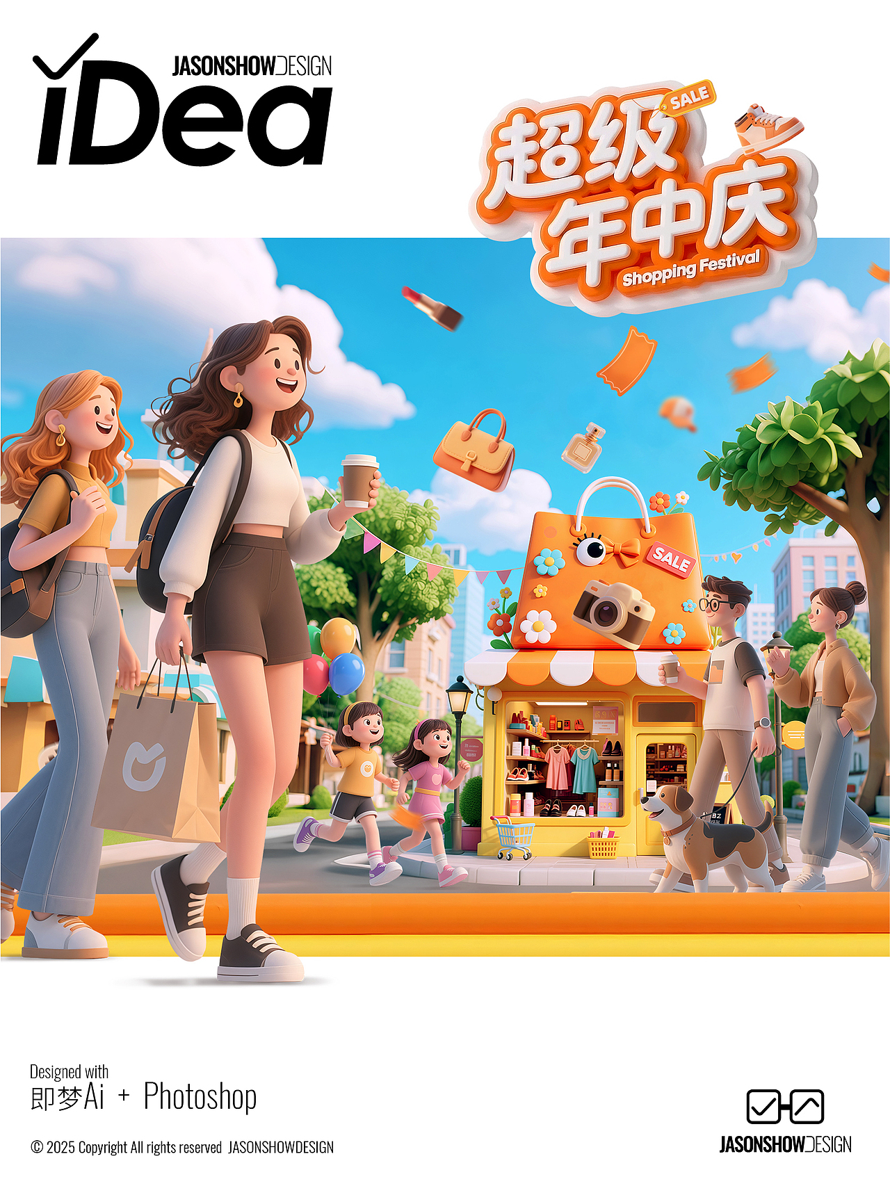 年中庆卡通商业氛围海报主视觉PSD