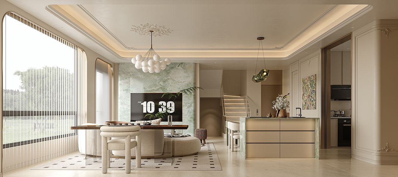 奶油风挑空别墅