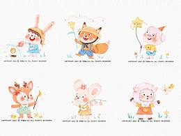 一組可愛的水彩小動(dòng)物插畫