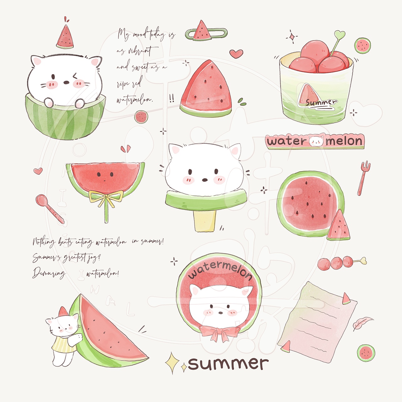 西瓜的文创小图案（图ZMzkzNzQ4MzQ4） - 图案 - 站酷设计师朱茱酱原创素材 - 站酷ZCOOL