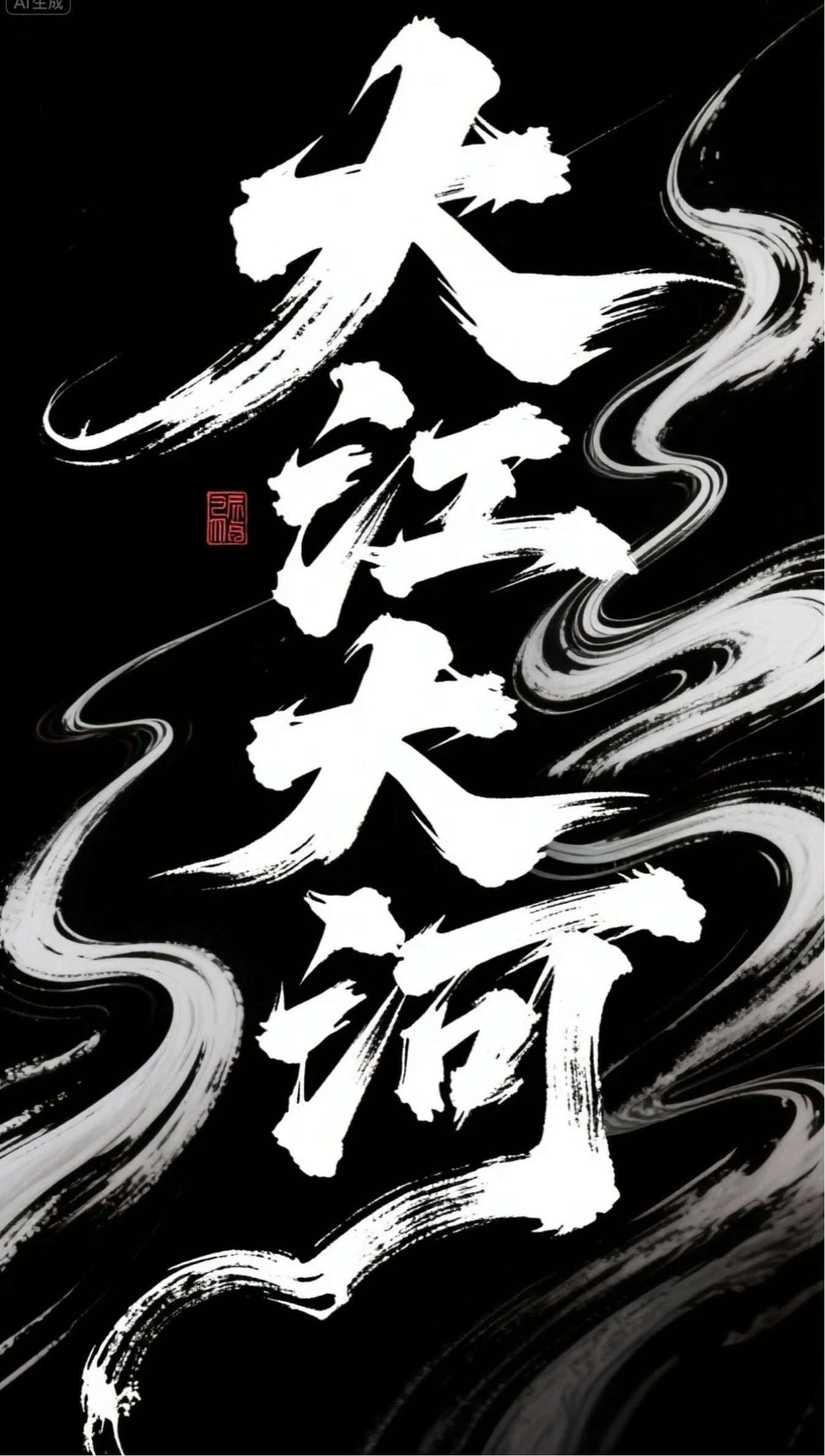 提示词:书法字“大江大河”,字体狂野豪迈奔放,笔画飘逸国潮风格,视觉震撼富有动感张力,笔画巧妙延长设计变形,飞白,笔画里面增加水墨笔刷效果,笔触流畅潇洒,黑底白字。