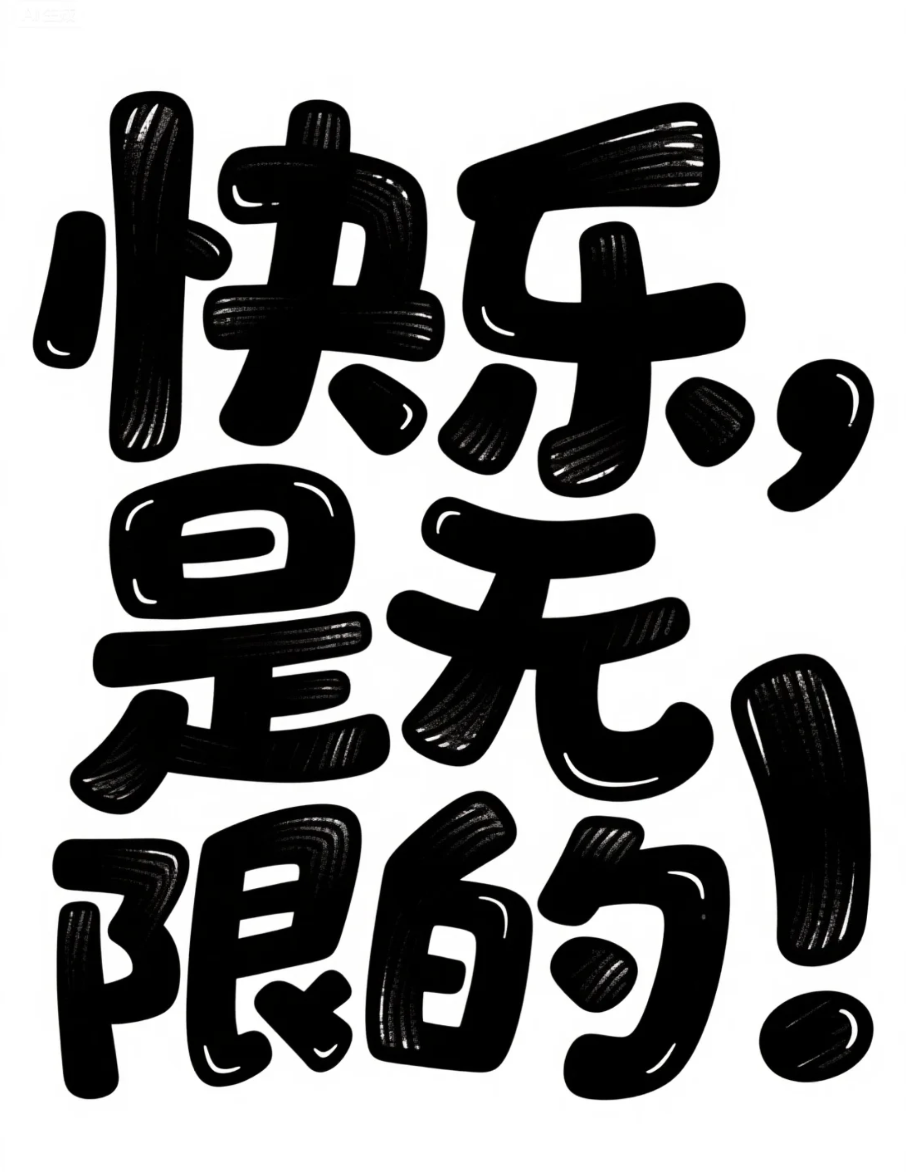 提示词:极简创意字体设计“快乐,是无限的!”,纯黑矢量文字扭曲变形,模拟三岁儿童写字时的夸张比例,随机字母大小跳脱常规排版,白色底,字体内部填充手绘纹理,立体阴影层次,8K超清矢量插画风格