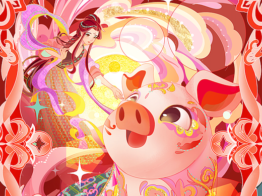 福猪献瑞·祥运天成——春节插画生肖·亥猪卡牌
