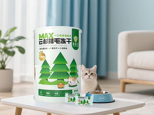 绿色卡通风格桶装猫粮包装设计