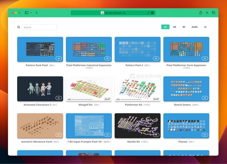 Kenney Assets - 提供免费商用的游戏制作素材，包括 2d、3d素材，游戏音效和游戏 UI