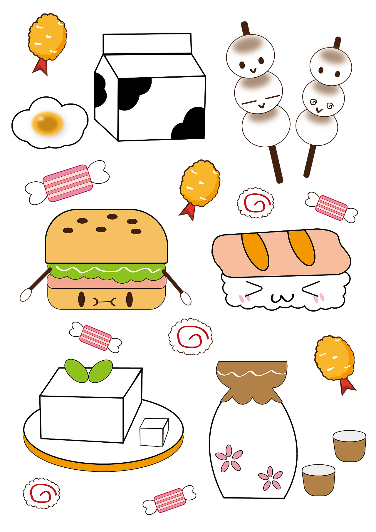 创意可爱卡通美食烧酒 汉堡 豆腐 寿司png免扣透明元素