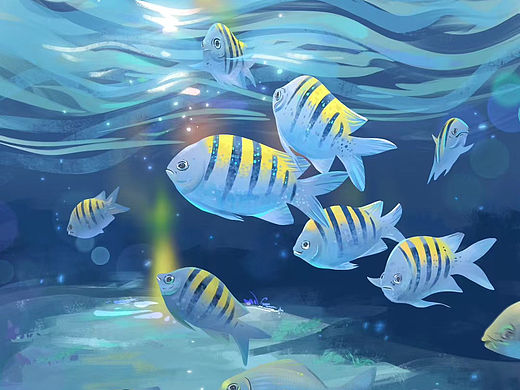 手绘插画｜🐟治愈系鱼群➕波光粼粼