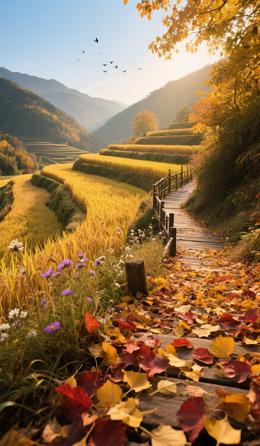 《秋染梯田:金色画卷里的山间幽径》
