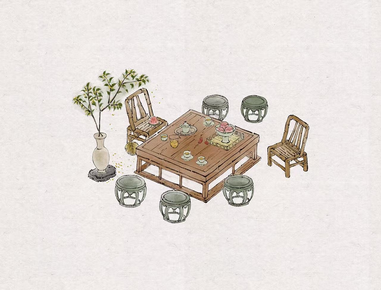 水墨Q版场景小物件可接单