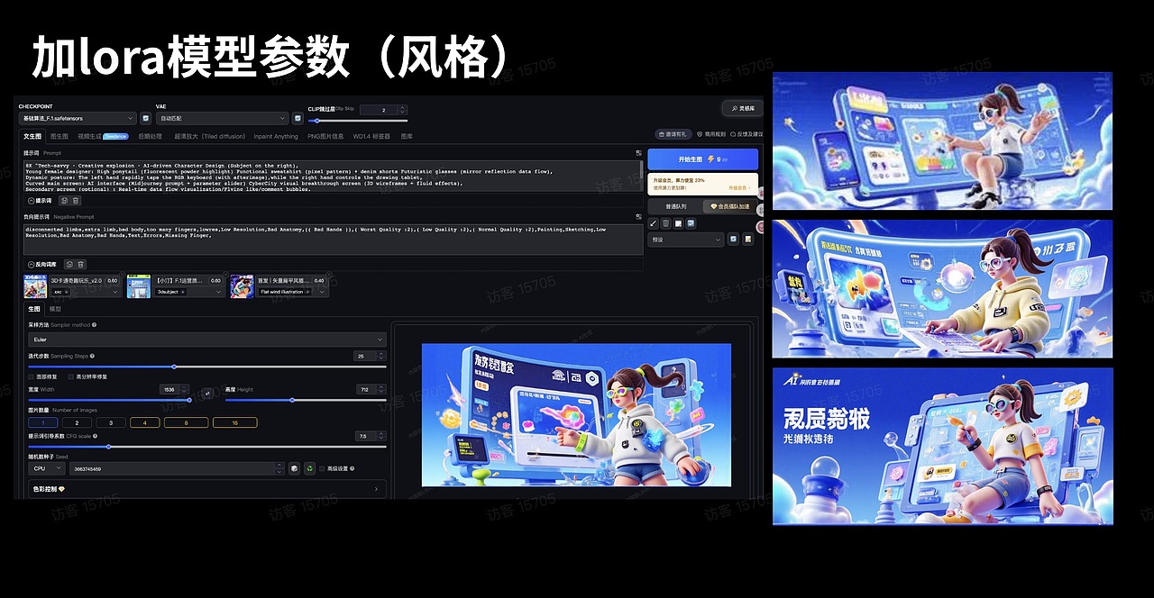 填入准备好的提示词,调整参数以及数据还有lord模型数值,等待魔法