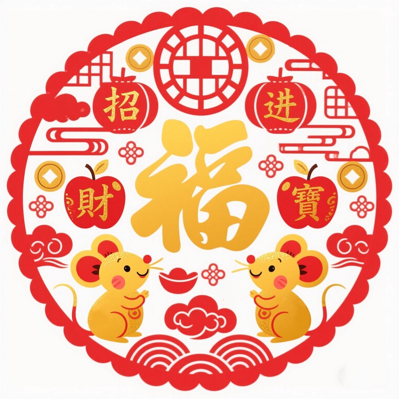 超可爱十二生肖动物贴纸窗花新年装饰图案设计福字贴