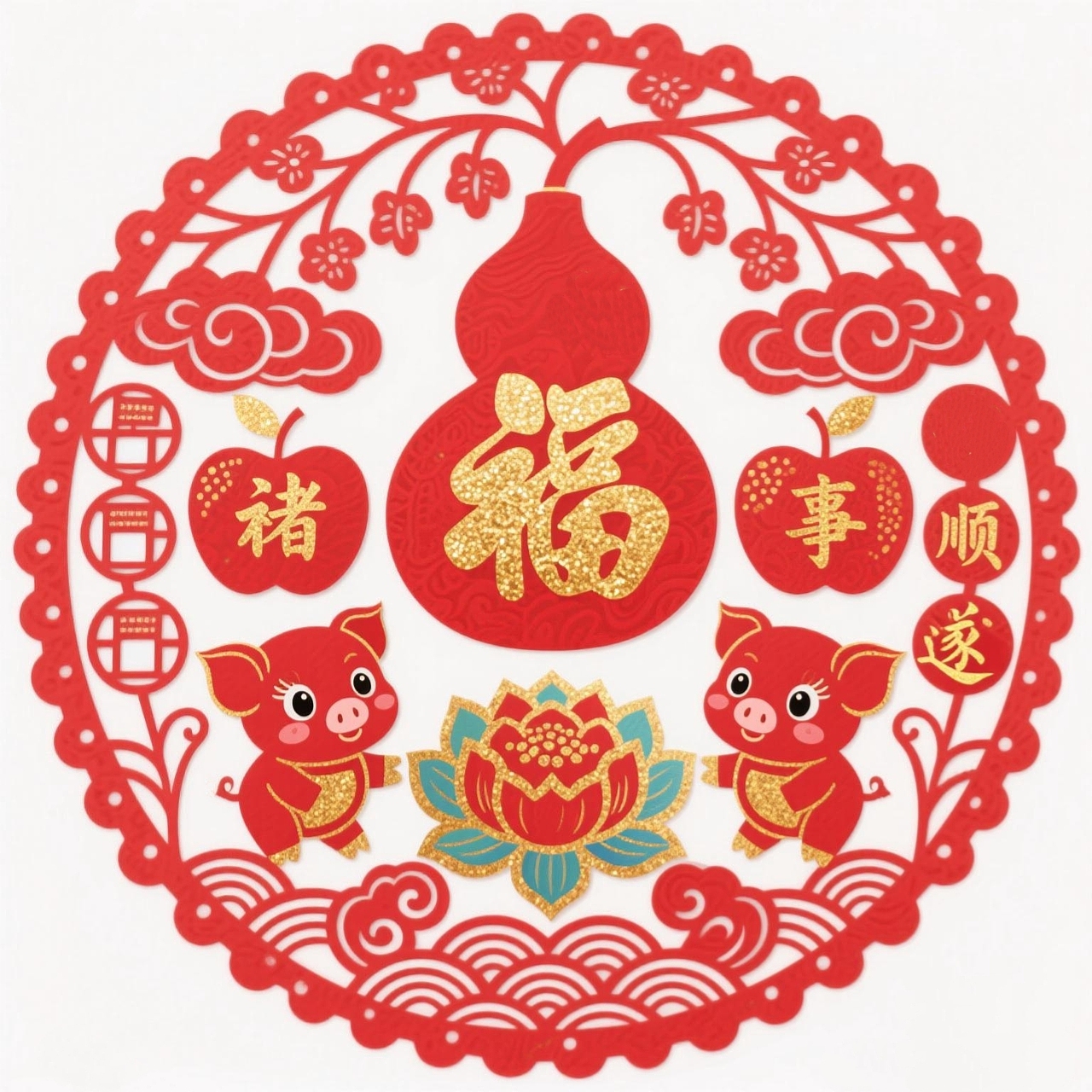 超可爱十二生肖动物贴纸窗花新年装饰图案设计福字贴