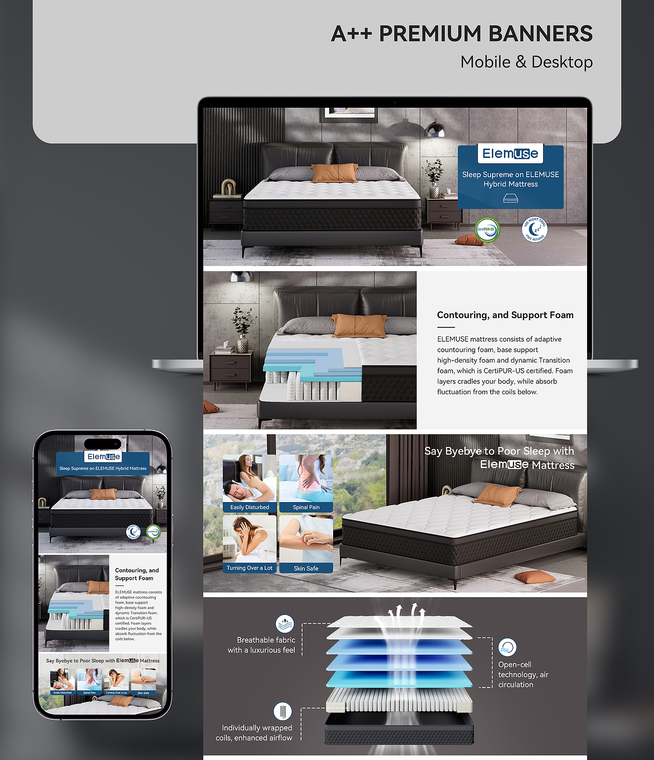 亚马逊床垫渲染主副图/A+ 深色室内场景渲染