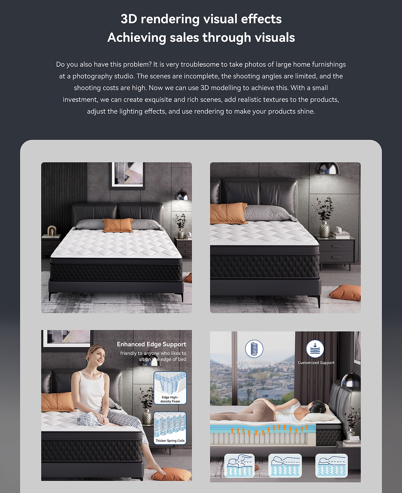 亚马逊床垫渲染主副图/A+ 深色室内场景渲染