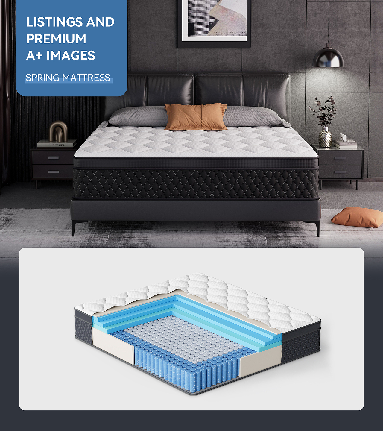 亚马逊床垫渲染主副图/A+ 深色室内场景渲染