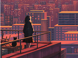 城市落日插画分享