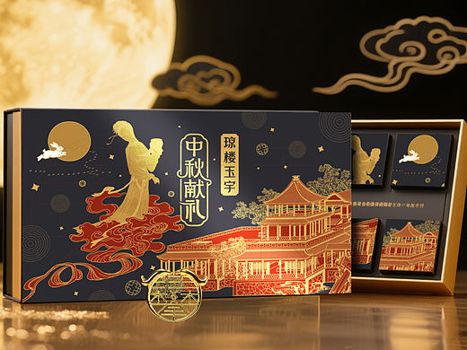 中秋献礼琼楼玉宇月饼包装插画设计/版画原创