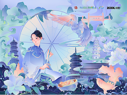 《福栖闽地·江风送熹》国潮插画