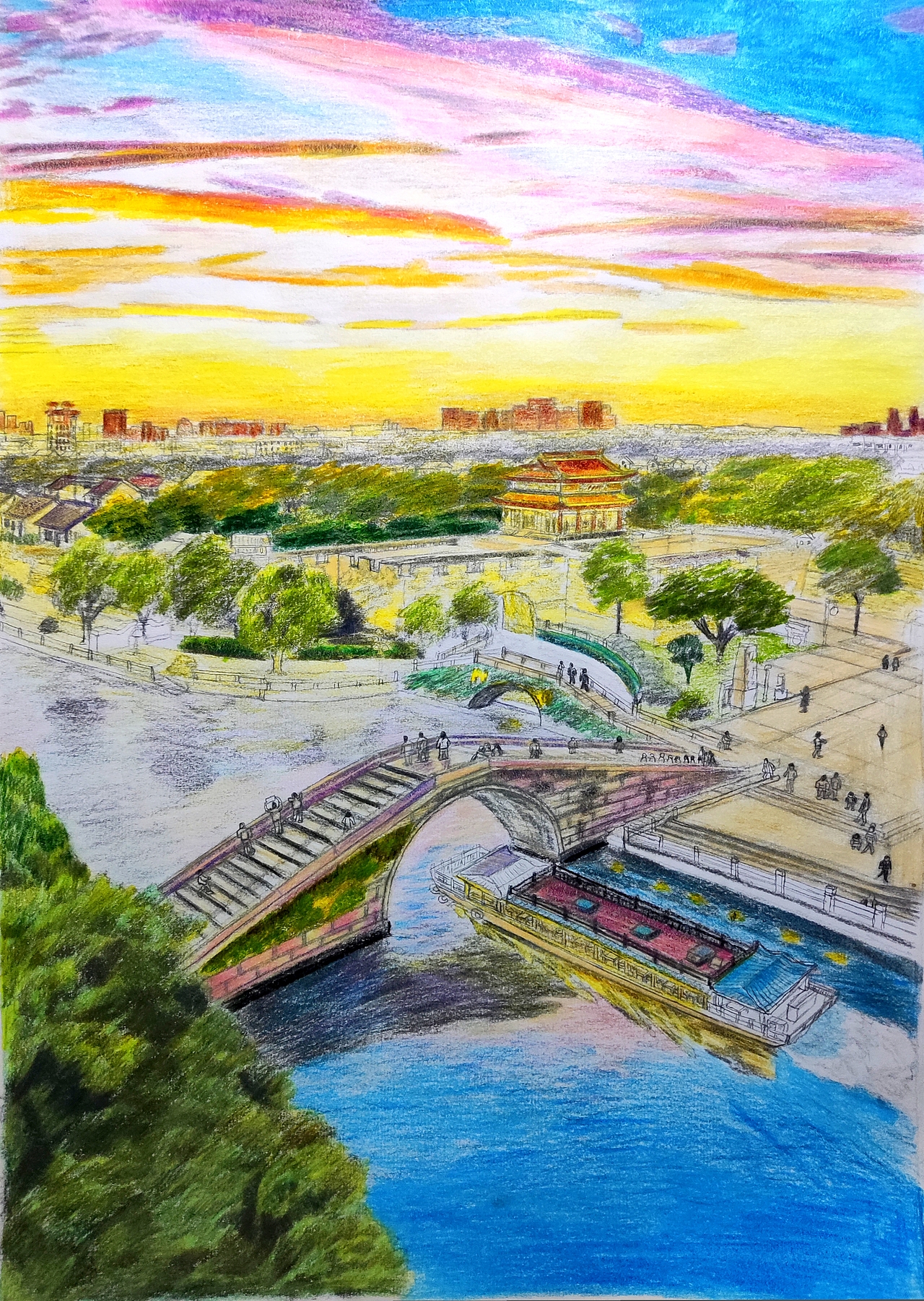 A3手绘｜俯瞰夕阳下的江苏苏州②（图ZMzk1NTY2Nzk2） - 创作习作 - 站酷设计师汤俊文MRTJW原创素材 - 站酷ZCOOL