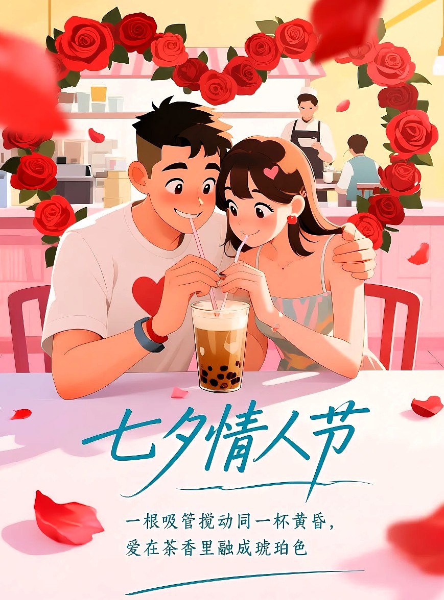 七夕奶茶店插画风格宣传海报