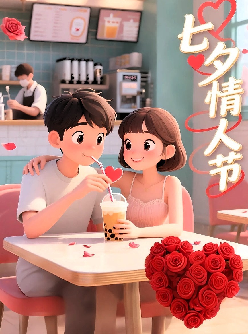 七夕奶茶店插画风格宣传海报