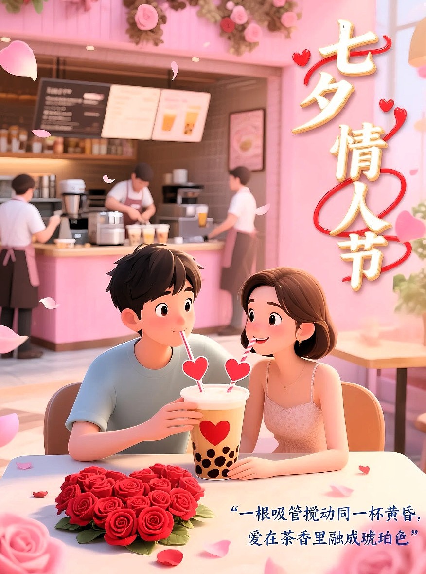 七夕奶茶店插画风格宣传海报