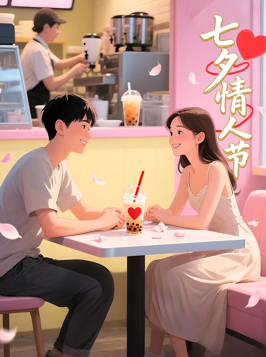 七夕奶茶店插画风格宣传海报
