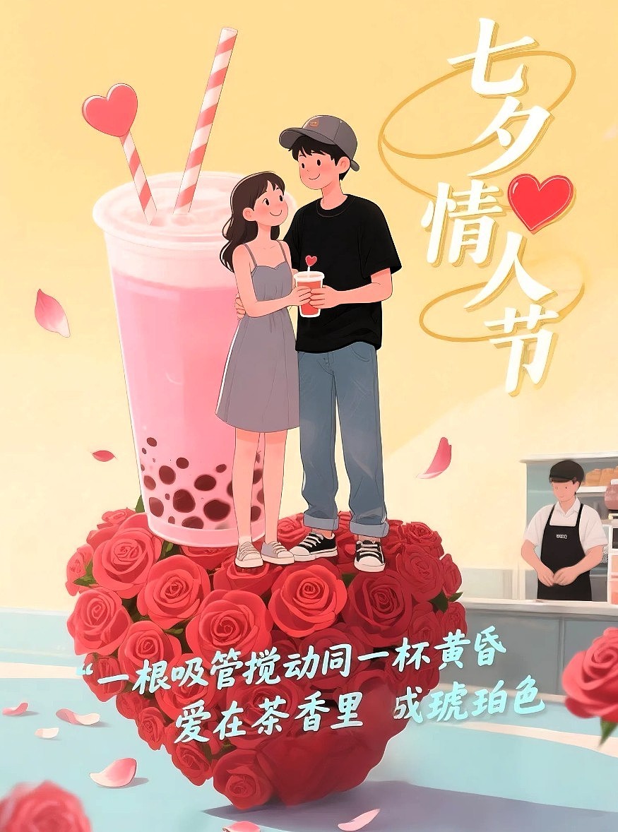 七夕奶茶店插画风格宣传海报